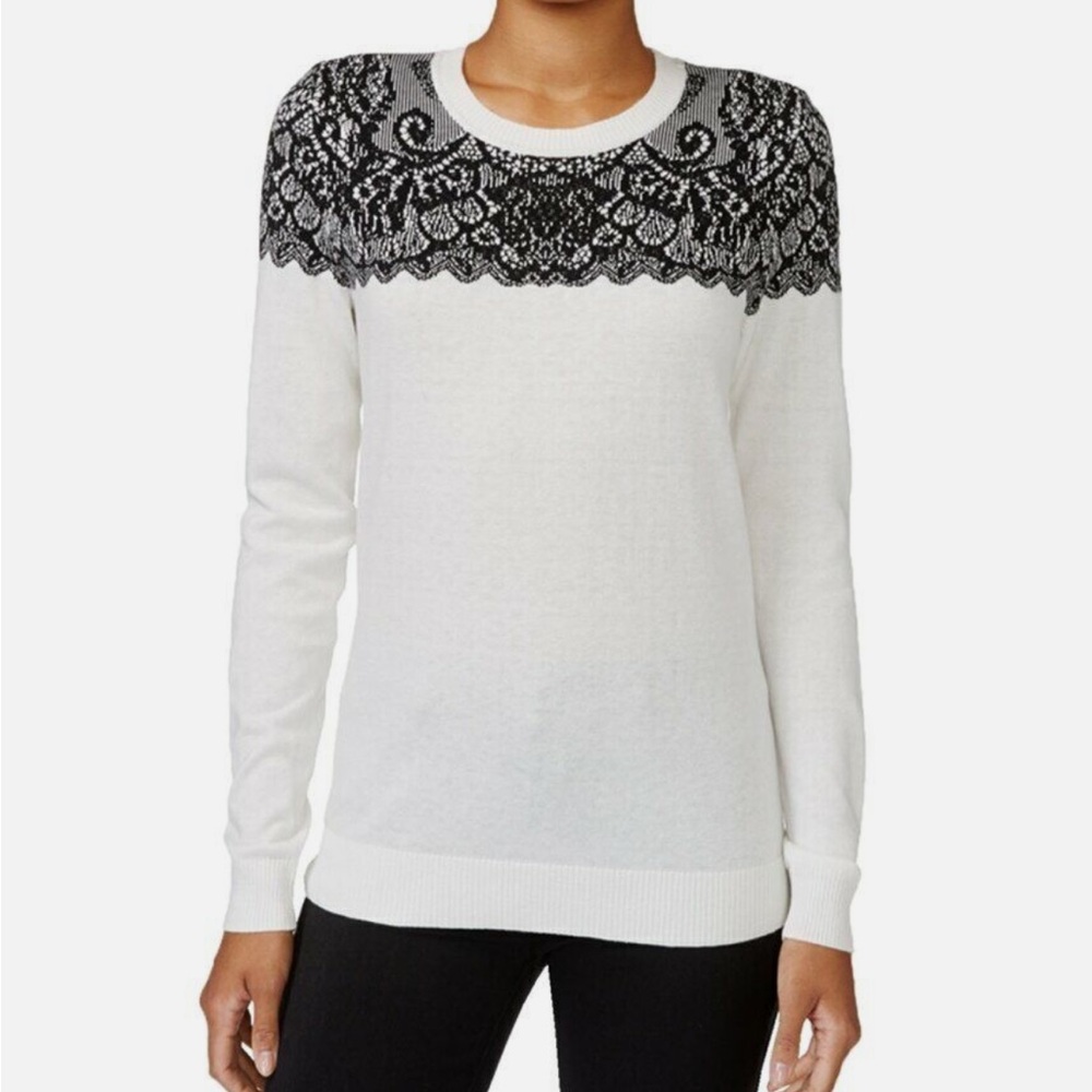Maison Jules White Sweater with Black Lace Yoke